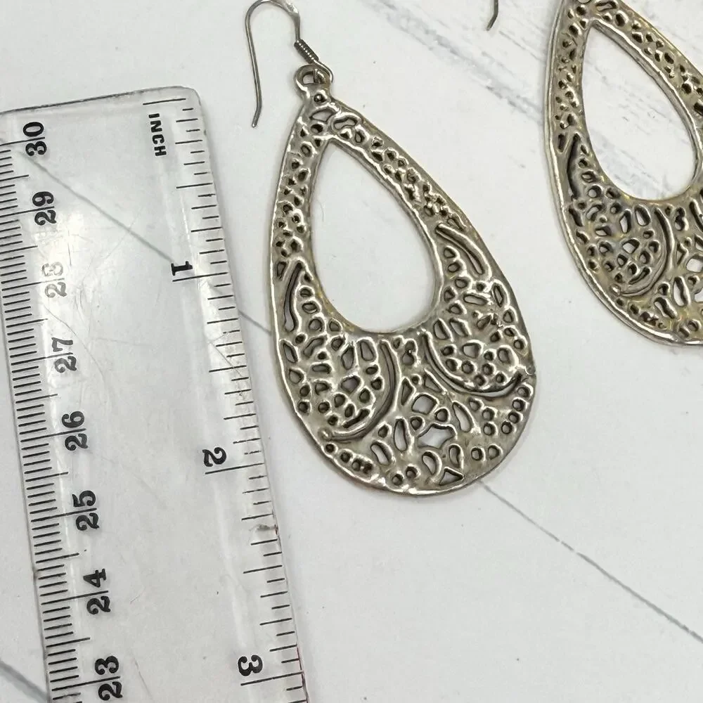 E&L Sterling Silver Electroform Open Filigree Teardrop Dangle Earrings